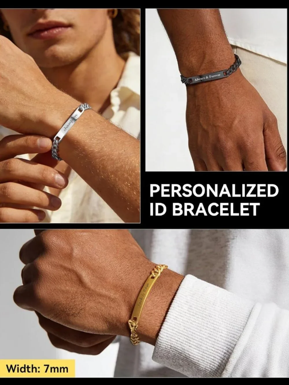 Personalized Stainless Steel ID Bracelet for Men & Women, Custom Engraved Curb